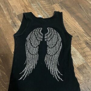 Black Rhinestone Angel Wings Tank Top